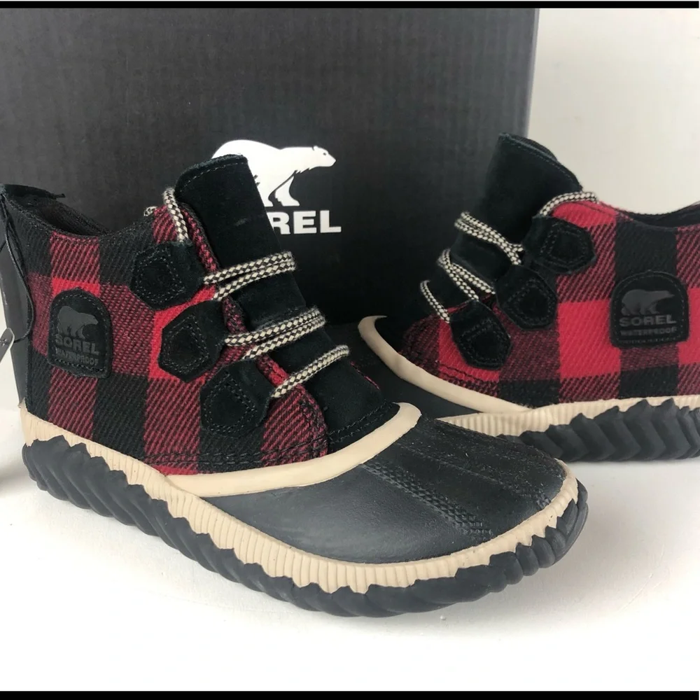 Sorel Out N About Plus Buffalo Plaid Textile & Suede Waterproof Booties Boots - Picture 4 of 9